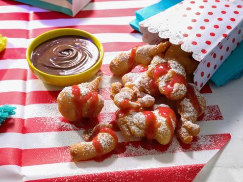Funnel Cake Bites with Strawberry Sauce