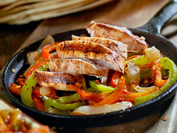 Grilled Chicken Fajitas with Peppers in a Cast Iron Skillet - Photographed on Hasselblad H3D2-39mb Camera
