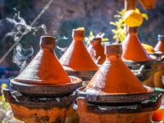 Selection of clay Moroccan tajines (traditional casserole dishes)