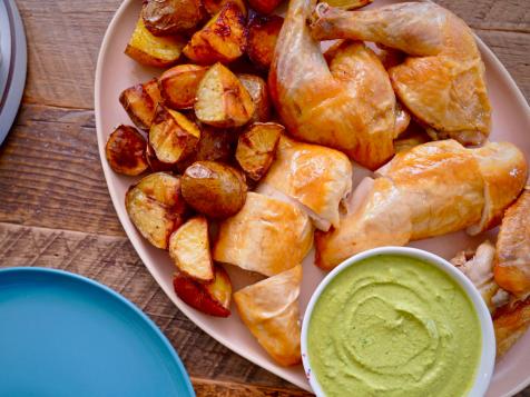 Spatchcock Roast Chicken with Schmaltzy Potatoes and Green Goddess Sauce