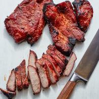 Description: Food Network Kitchen's Char Siu. Keywords: Pork Shoulder, Hoisin Sauce, Light Soy Sauce, Peanut Butter, Ginger, Rice Cooking Wine, Fermented Red Bean Curd Sauce, Chinese Five-Spice Powder, Dark Soy Sauce, Garlic, Honey