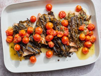 Food Network Kitchen's Grilled Frozen Salmon in Grape Leaves.