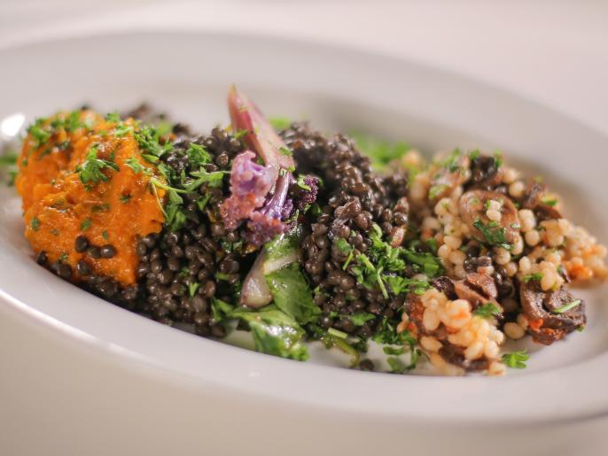 Black Lentils with Kabocha Squash, Swiss Chard, BarleyMushroom Grits