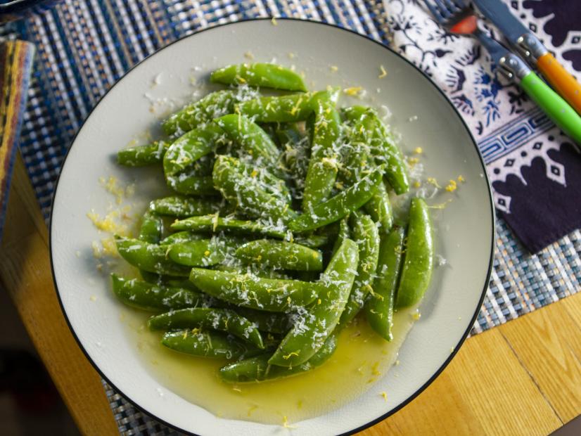 Christian Petroni's Sugar Snap Peas with Brown Butter, Lemon and Horseradish, as seen on Guy's Ranch Kitchen Season 4.