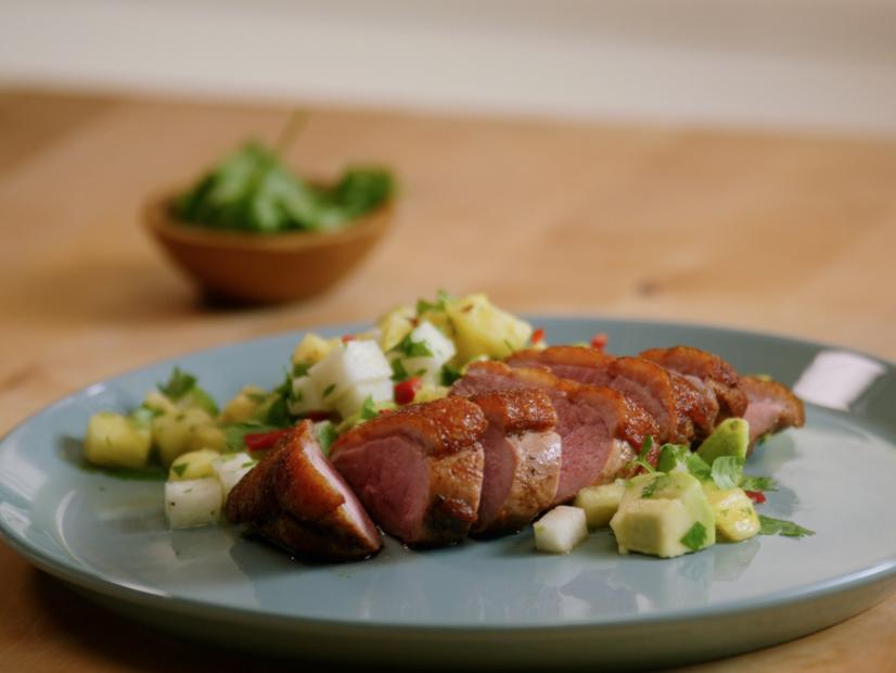 Close up of plated meat and avocado dish ,as seen on Un-Choppable, Season 1.