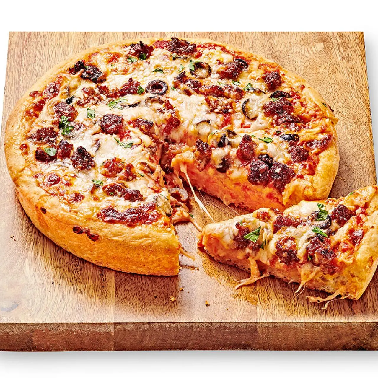 Deep-Dish Pizza with Spicy Sausage and Olives Recipe | Food