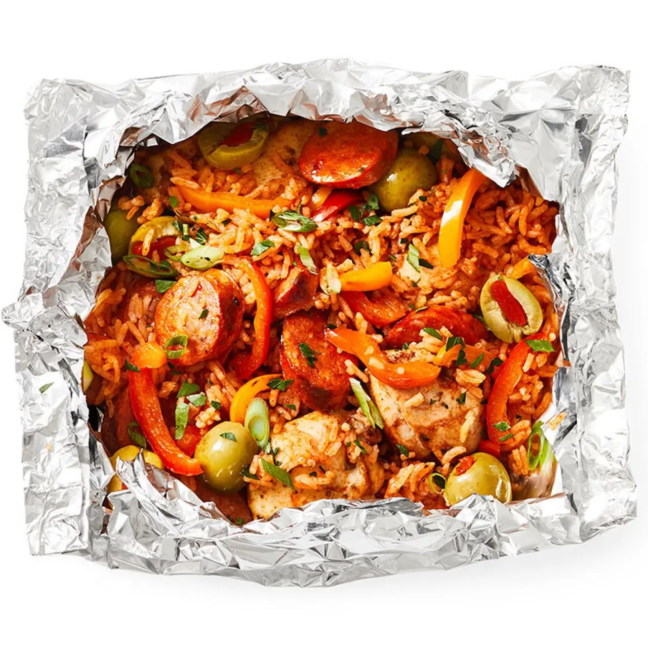 Foil-Packet Rice with Chorizo and Chicken Recipe | Food Network
