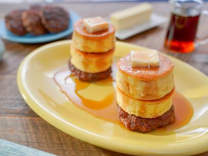 Beauty shot of Molly Yeh's Big Fluffy Pancakes & Sausage, as seen on Girl Meets Farm, Season 8.