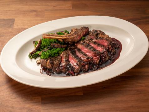Dry Rubbed Bison Smoked Rib-Eye with Blackberry Soy Balsamic Sauce, Grilled Broccoli Rabe and Grilled Mushrooms