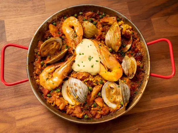 Paella with Chorizo, Shrimp, Clams and Chicken with Garlic Aioli Recipe ...