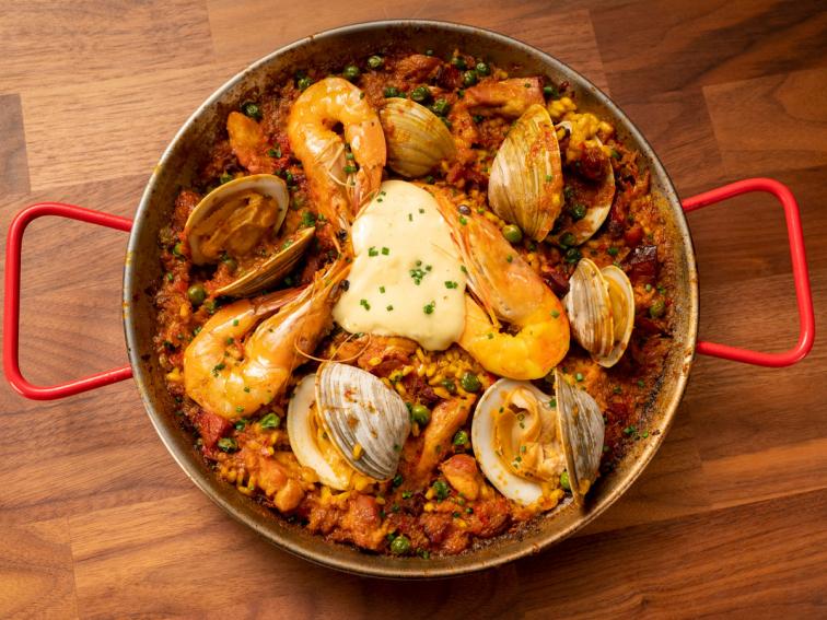 Paella with Chorizo, Shrimp, Clams and Chicken with Garlic Aioli Recipe Anne Burrell Food