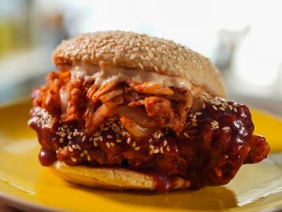 Jeff Mauro makes his Fried Chicken Sandwich with Gojuchang Glaze, as seen on The Kitchen, season 28.