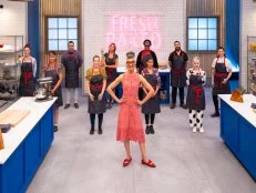 Contestants Jaclyn Joseph, Yassmeen Haskins Jackson, Michel Pompei, Miranda Prince, Clarice Lam, Katrina Tayo, Felicia Mayden, Aaron Manuyag, Caitlyn Cox and Caryn Martinez with Host Carla Hall, as seen on Best Baker in America, Season 4.
