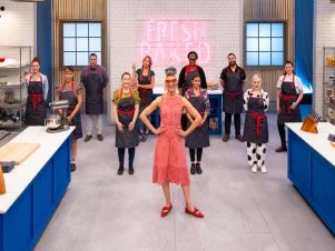 Contestants Jaclyn Joseph, Yassmeen Haskins Jackson, Michel Pompei, Miranda Prince, Clarice Lam, Katrina Tayo, Felicia Mayden, Aaron Manuyag, Caitlyn Cox and Caryn Martinez with Host Carla Hall, as seen on Best Baker in America, Season 4.