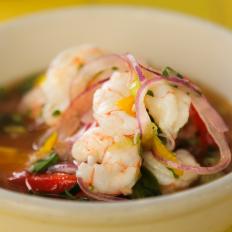 The Rock Shrimp Ceviche as Served at Cholo Soy Cocina in West Palm Beach, Florida, as seen on Diners, Drive-Ins and Dives, season 34.