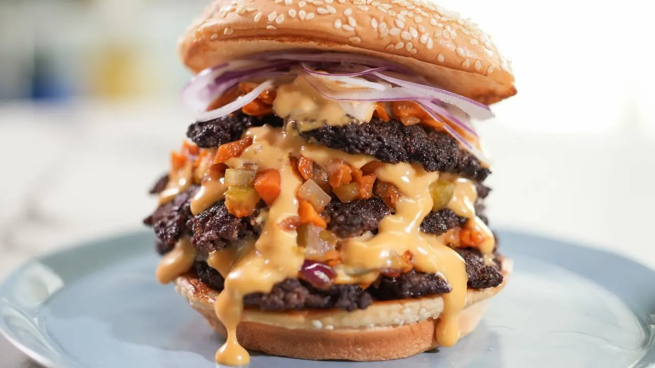 Triple Decker Burgers with Roasted Vegetables and Cheese Sauce