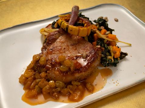 Seared Pork Chop with Fennel Pollen, Apple Cider Sauce, Roasted Delicata Squash, Tuscan Kale, Pancetta, Fennel and Butternut Squash