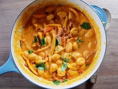 Close-up of Gnocchi with Chorizo and Peppers, as seen on The Pioneer Woman, season 27.