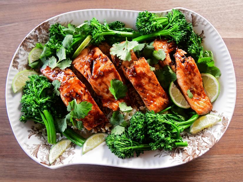 Close-up of Sticky Soy Glazed Salmon, as seen on The Pioneer Woman, season 27.