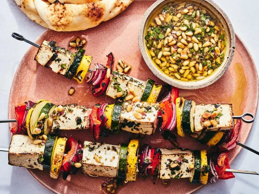 Description: Food Network Kitchen's Grilled Tofu and Vegetable Skewers.