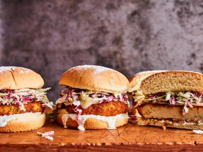 Description: Food Network Kitchen's Hot Chickpea Sandwiches with Radicchio Ranch Slaw.