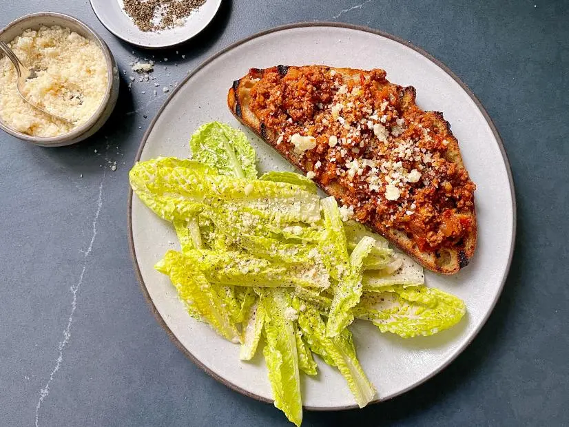 Justin Chapple Bolognese on Toast with Caesar Salad