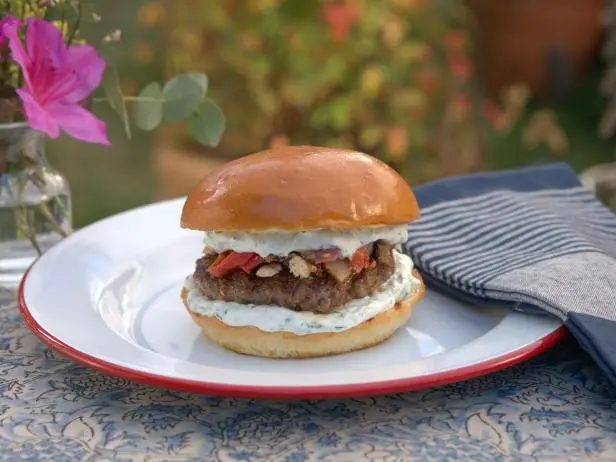 Lamb Burgers with Charred Tomatoes and Feta Recipe | Valerie Bertinelli | Food Network
