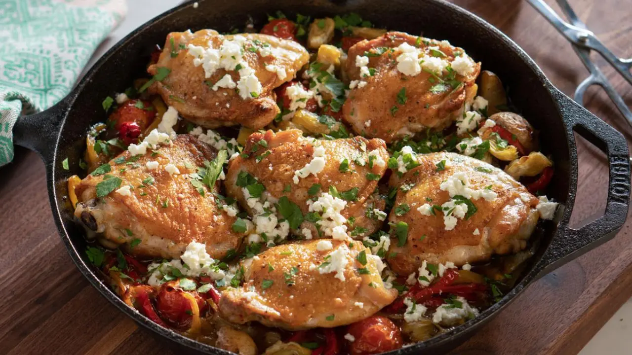 Mediterranean Chicken Thighs with Potatoes, Peppers and Feta