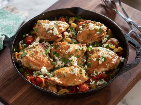 Mediterranean Chicken Thighs with Potatoes, Peppers and Feta