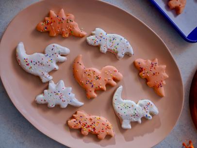 Beauty shot of Molly Yeh's Iced Dinosuar Cookies, as seen on Girl Meets Farm, Season 8.
