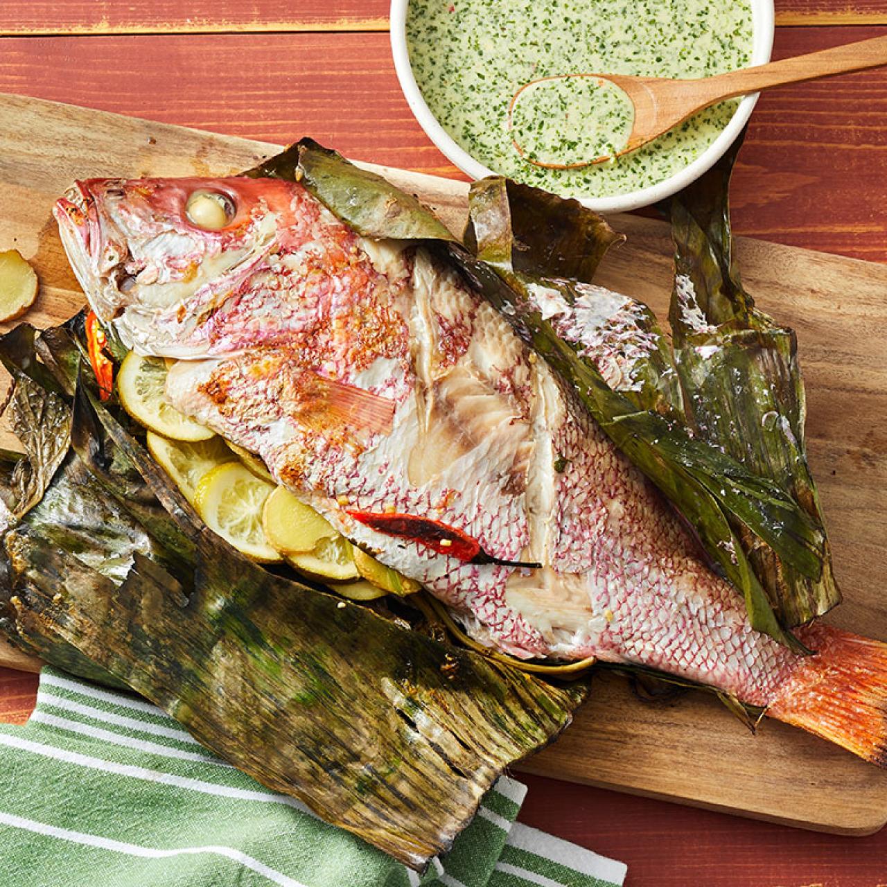 Lime and chilli fish baked in banana leaves