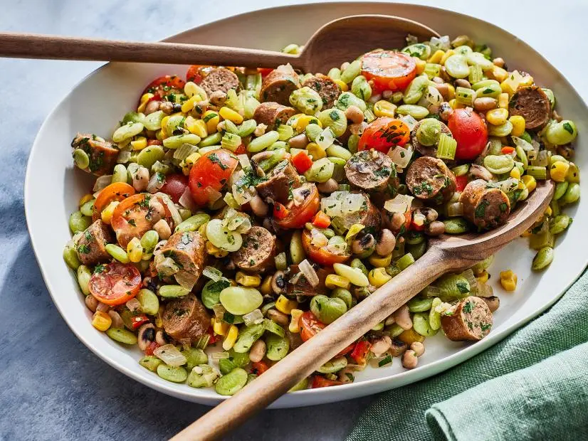 Keywords: Merguez Sausage, Celery, Onion, Bell Pepper, Garlic, Corn, Fava Beans, Lima Beans, Tomatoes, Lemon.