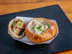 Aloha Plate's chowder for the bread bowl challenge as seen on The Great Food Truck Race, Season 13.