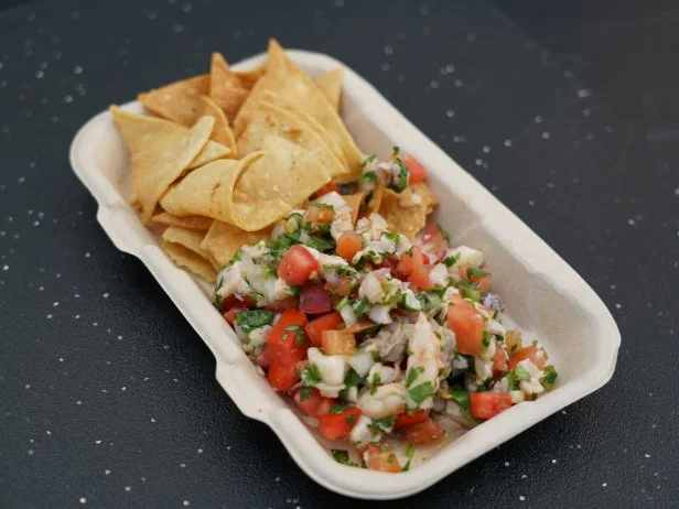 Beauty shot of ceviche and chips, as seen on The Great Food Truck Race, Season 13.