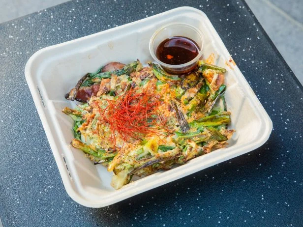 Seoul Suasages bacon scallion pancake, as seen on The Great Food Truck Race, Season 13..