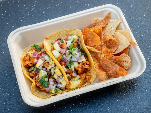 Seoul Sausage's k-pastor tacos with wonton chips, as seen on The Great Food Truck Race, Season 13..