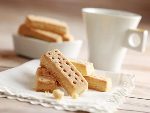 Scottish Shortbread Fingers arranged on an English napkin.