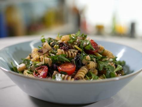 Pasta Salad with Tomatoes, Cucumbers and Grilled Green Onion-Crushed Olive Vinaigrette
