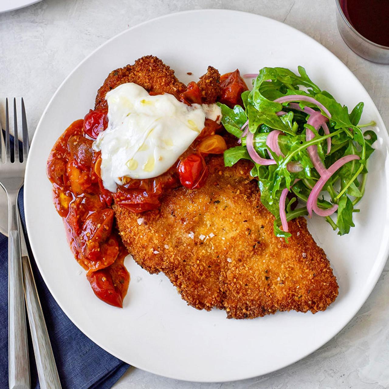 Chicken Cutlets with Burrata and Melted Baby Tomato Sauce Recipe, Scott  Conant