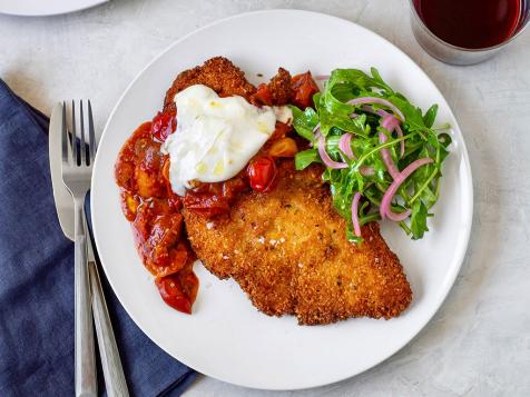 Chicken Cutlets with Burrata and Melted Baby Tomato Sauce