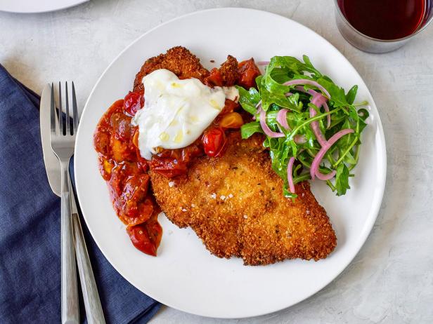 Chicken Cutlets with Burrata and Melted Baby Tomato Sauce Recipe