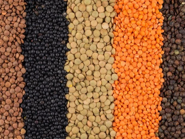 various legumes - red, black, yellow, green, brown lentils