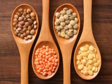 Four spoons with varieties of lentils
