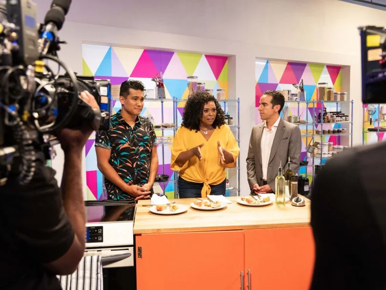 Judges Jordan Andino and Jamika Pessoa and Host Dan Ahdoot, as seen on Raid The Fridge on Food Network, Season 1.