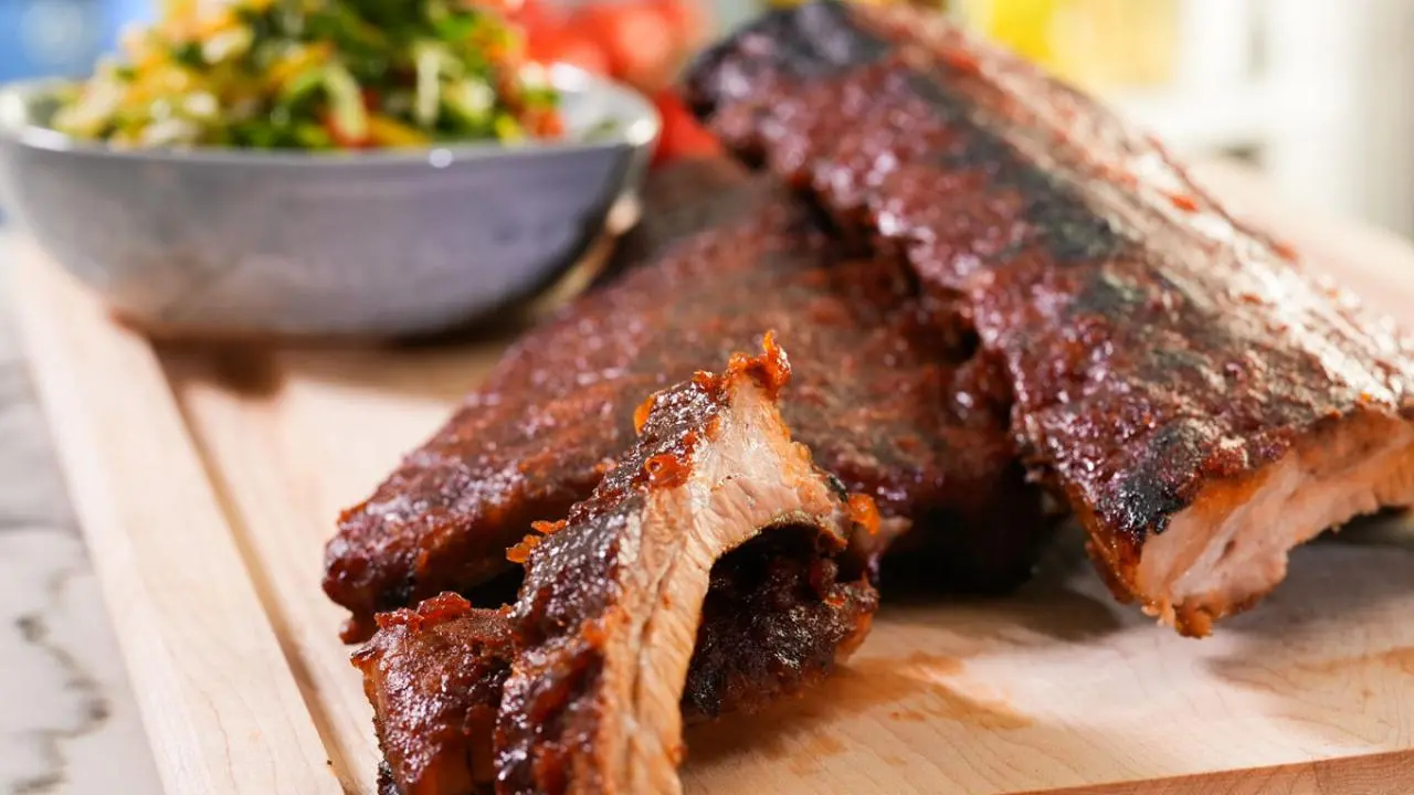 Sticky Tamarind Ribs with Sweet and Spicy Kale Mango Slaw