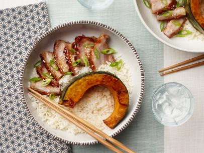 Food Network Kitchen’s Air Fryer Spicy Pork Belly with Kabocha Squash and Rice, as seen on Food Network.