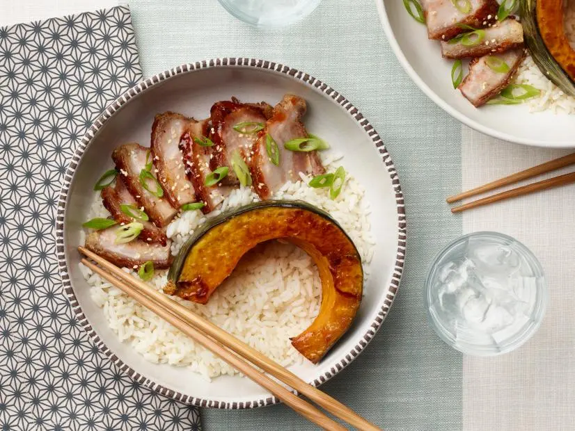 Food Network Kitchen’s Air Fryer Spicy Pork Belly with Kabocha Squash and Rice, as seen on Food Network.