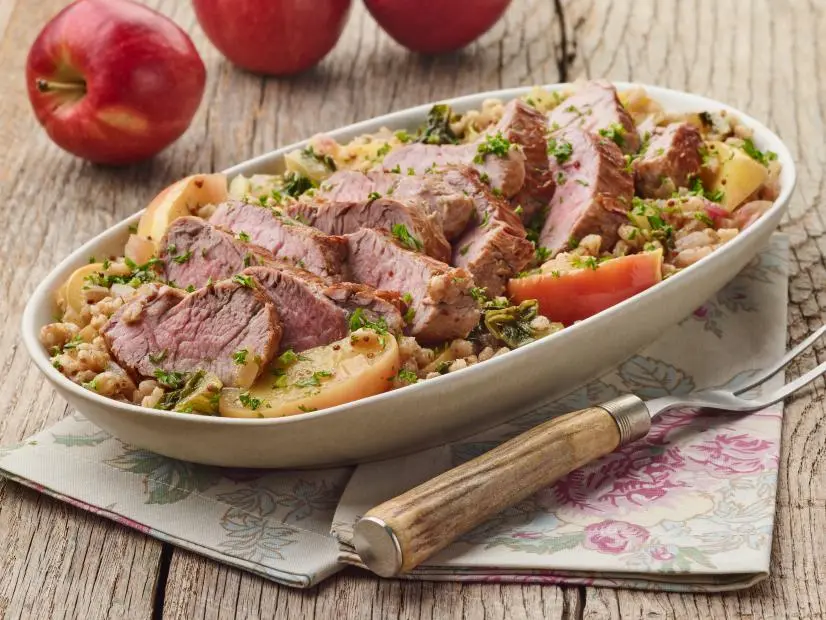 Food Network Kitchen’s Apple Picking Braised Pork Tenderloin, as seen on Food Network.