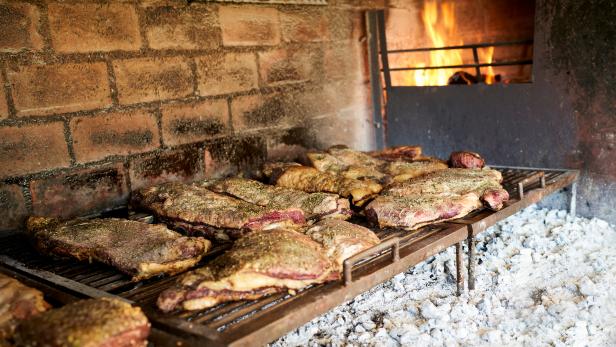 Traditional Barbecue In Uruguay.Uruguayan And Argentinian Style Grilled Meat.