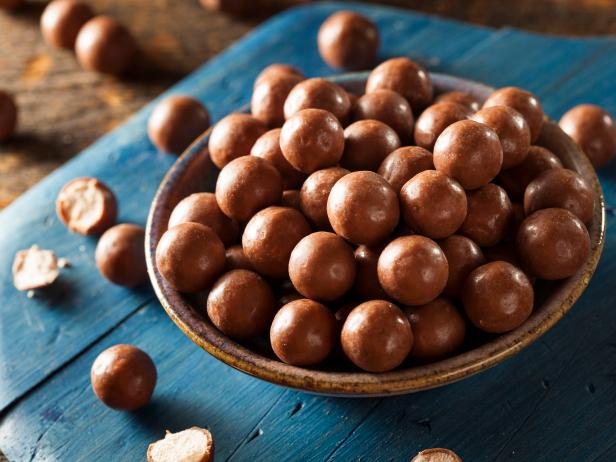 Dark Chocolate Malted Milk Balls in a Bowl